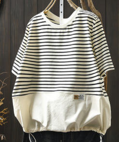 雀说抽绳条纹拼接针织短袖女宽松显瘦休闲减龄遮肉上衣AL81282 商品图2