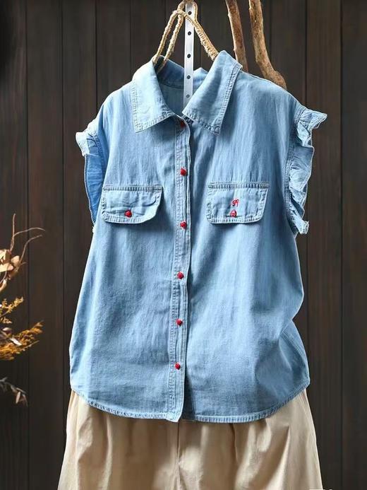 雀说夏季新款荷叶边飞飞袖棉牛仔衬衫女小个子薄休闲减龄上衣AL1108 商品图3