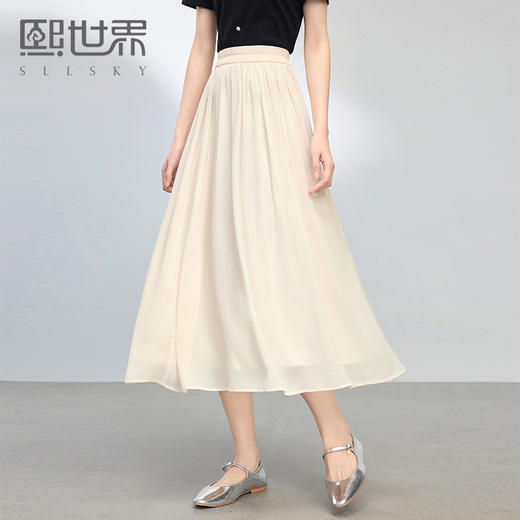【专属特价】熙世界飘逸垂感雪纺半身裙女2025夏新款显瘦气质a字伞裙百褶长裙 商品图0