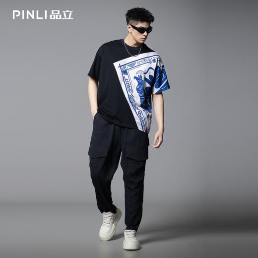 PINLI品立2025夏季新款国潮印花拼接短袖T恤潮牌宽松休闲男士上衣B252111026 商品图1