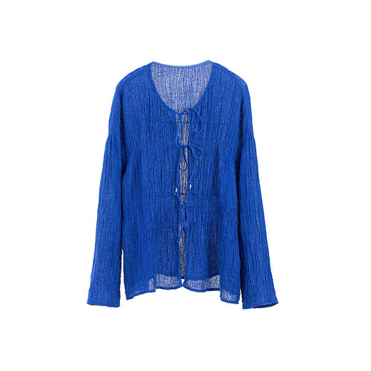 绽放旅行女装163朵/蓝宝石防晒衫亚麻色织皱布开门襟松紧抽皱上衣 商品图4