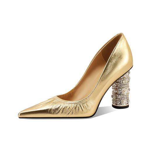 【预售7天】高级感银色水钻粗跟单鞋女春季新款浅口法式真皮气质高跟鞋CX&CX081-13 商品图4