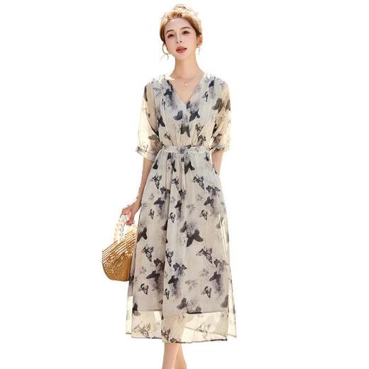 蝴蝶印花连衣裙女夏2025新款时尚法式气质收腰显瘦洋气薄纱裙子 商品图4