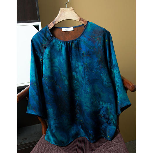 丁摩 真丝花罗香云纱上衣深海蓝圆领宽松七分袖小衫YSDS020 商品图0