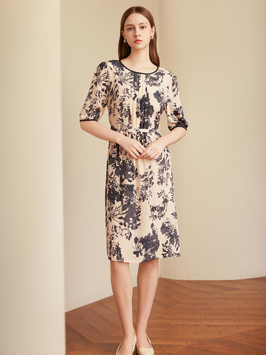 【桑蚕丝印花连衣裙】25年春夏新品女士100%桑蚕丝复古印花中长款真丝连衣裙 商品图0