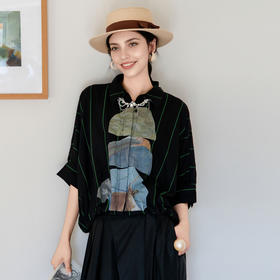 谜底大廓形印花衬衫分袖女2025夏季新款下摆可收缩衬衣256MC6207