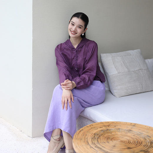 绽放164朵/竹林四侠防晒衫砂洗苎麻连帽开门襟下摆抽绳休闲上衣 商品图1