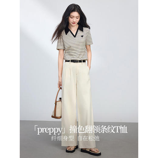 【专属特价】熙世界撞色条纹polo领t恤短袖女士2025夏季新款宽松休闲正肩上衣 商品图2