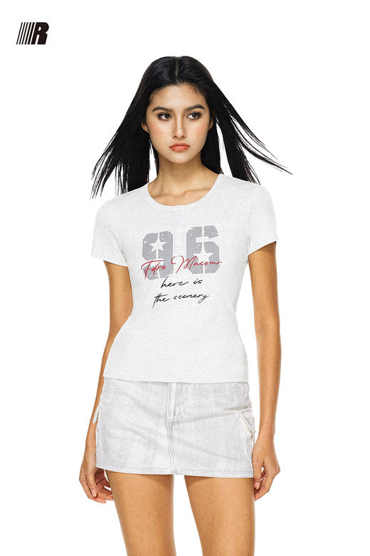 FDR官方店 V领纽扣手写字母短袖t恤女夏季辣妹修身显瘦体恤上衣 商品图5