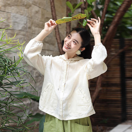 绽放164朵/竹林四侠防晒衫砂洗苎麻连帽开门襟下摆抽绳休闲上衣 商品图0