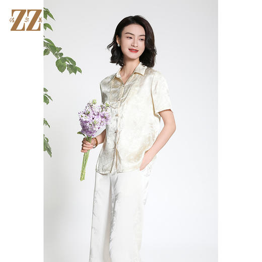 佐尔美夏季新款新中式气质桑蚕丝短袖衬衫女上衣M42CS05 商品图1