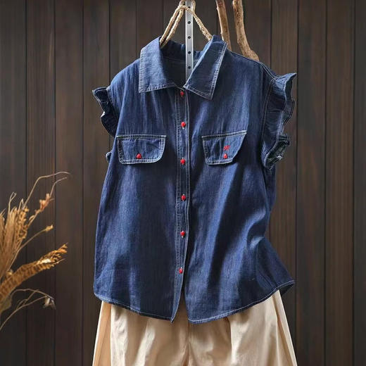 雀说夏季新款荷叶边飞飞袖棉牛仔衬衫女小个子薄休闲减龄上衣AL1108 商品图1