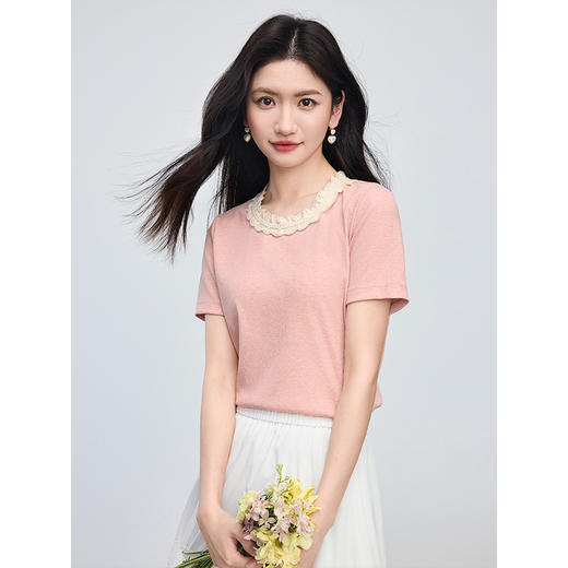 【专属特价】熙世界法式花边圆领T恤短袖女2025夏季新款浪漫粉色正肩休闲上衣 商品图3
