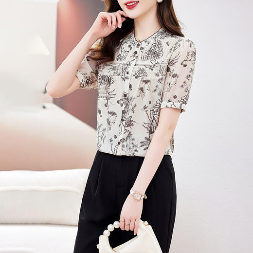 丁摩 100%桑蚕丝碎花轻奢高级感真丝上衣LQ9623 商品图1