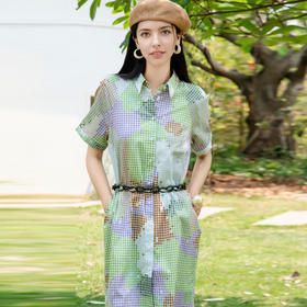 谜底花色连衣裙短袖2025夏季新款复古风印花中长衬衫裙256ML6249