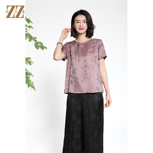 佐尔美夏季新款新中式国风时尚气质100%桑蚕丝短袖衬衫女M42CS20 商品图3
