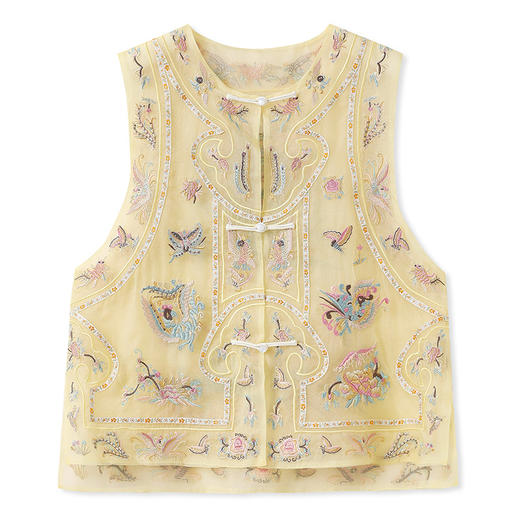 SS N2022国风盘扣提花刺绣背新中式复古桑蚕丝马甲 商品图0