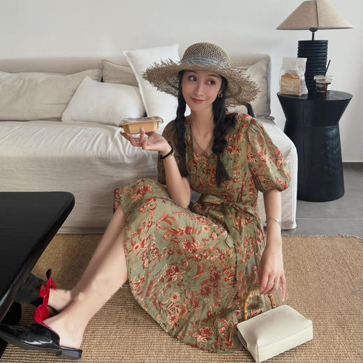 洛诗琳15852优雅气质连衣裙夏季新款苎麻收腰显瘦V领印花裙0692 商品图2