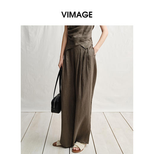VIMAGE纬漫纪垂坠松弛感阔腿遮肉通勤亚麻高腰休闲裤夏季新款V2305919 商品图3