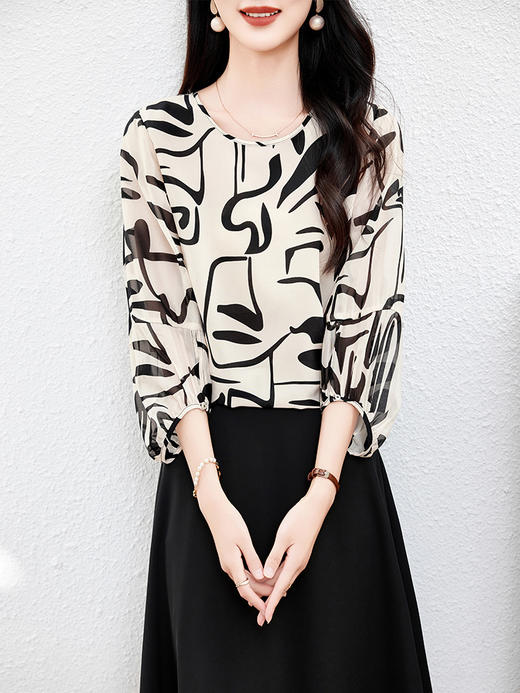 丁摩 双绉真丝衬衫印花桑蚕丝上衣0350 商品图5