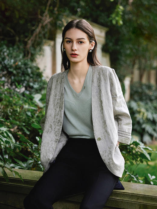 【短款亚麻印花外套】25年春夏新品女士桑蚕丝百搭上衣V领外套 商品图1