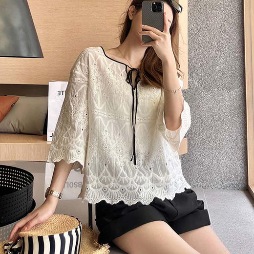 洛诗琳15331法式优雅绣花衬衫2025夏季新款七分袖刺绣上衣0831 商品图0