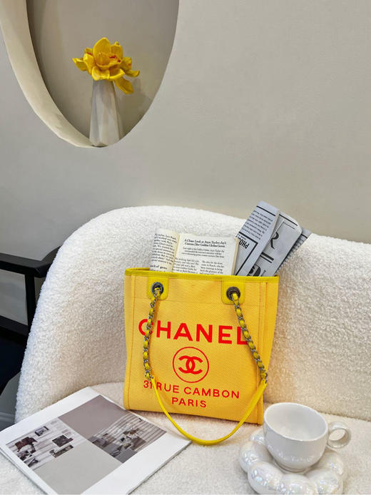 CHANEL 帆布 tote 柃檬黄 沙滩包 商品图0