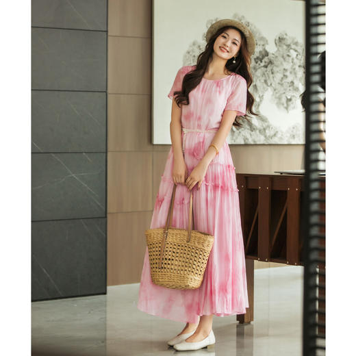 【林栖设计小店】（现货）婴儿棉植物染连衣裙宽松粉色栀子黄显瘦2025夏季新品短袖长裙女1912230B 商品图4