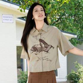 谜底大廓形印花衬衫短袖女2025夏季新款下摆可收缩衬衣256MC6209