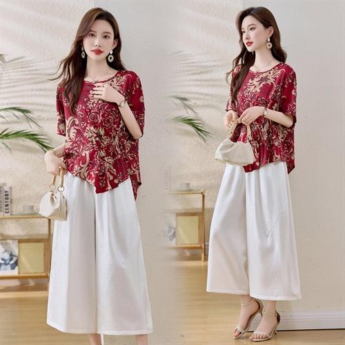 HRYYG82959气质时尚丝短袖套装2025夏季新款减龄遮肉阔腿裤裙两件套女装 商品图3