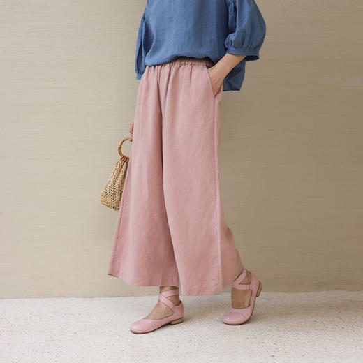 绽放旅行女装182朵/天丝亚麻拼色全腰松紧内加抽绳舒适阔腿九分裤 商品图0