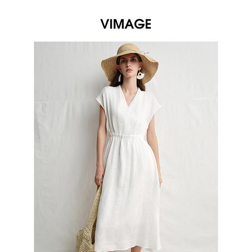 VIMAGE纬漫纪度假风连袖收腰亚麻小白裙A字连衣裙夏季新款V2307915 商品图0