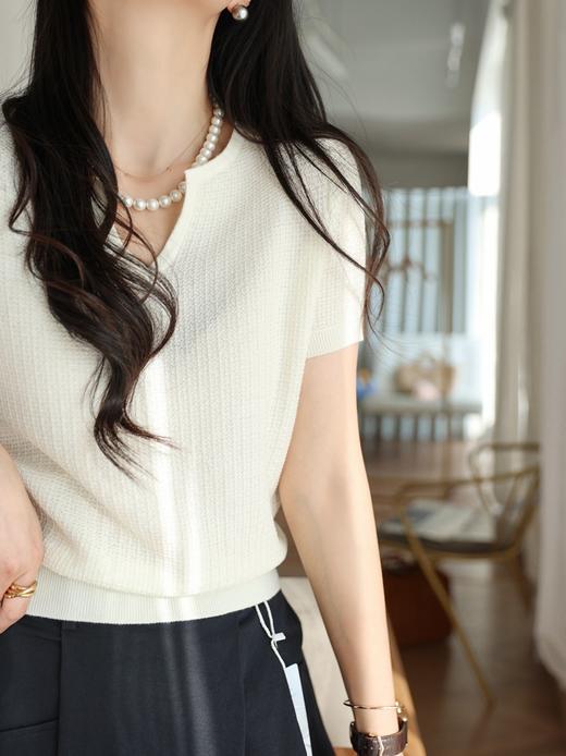 精致小香风肌理醋酸羊毛舒适柔软V领短袖针织T恤衫 商品图10