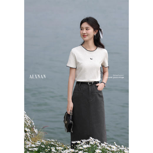 鹿向南「棉朵轻吟」法式气质灰色圆领短袖T恤夏季显瘦修身女上衣 商品图3