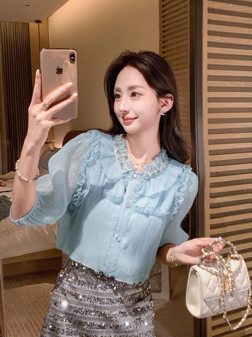 张心子【南法假日2.0】名媛风高级感压褶雪纺衬衫上衣 U2503014 商品图4