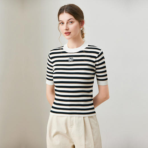 【自】全新升级【铂金会员247/天猫329/差价82】(01323) 洛诗琳冰丝针织衫女2025夏季显瘦圆领气质条纹t恤上衣女 商品图1