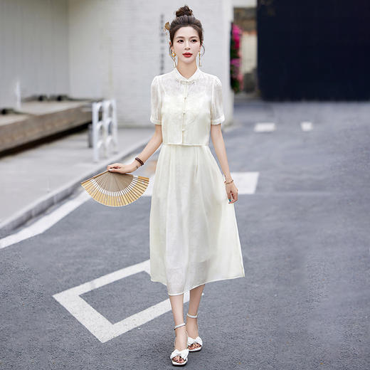 气质时尚复古轻奢印花，设计高腰A字吊带裙搭外衫两件套HR-HBLJRA831 商品图2