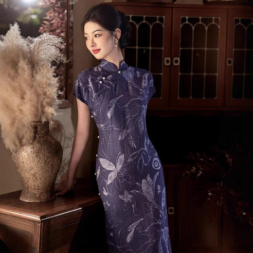 2025全开襟蓝色改良旗袍天丝亚麻复古印花短袖连衣裙D01024 商品图3