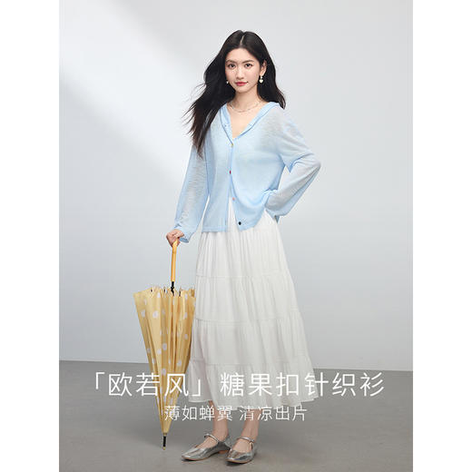 【专属特价】熙世界baby蓝薄针织衫防晒罩衫女夏季户外穿搭连帽长袖空调衫上衣 商品图1