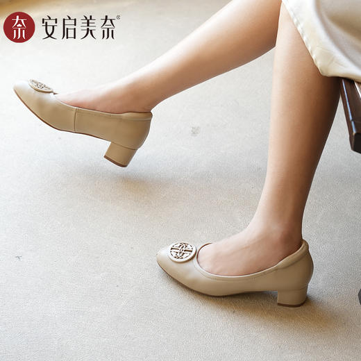 ARCHCONTACT安启美奈气垫云百搭十字花圆头方跟低跟羊皮鞋52954 商品图3