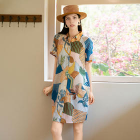 谜底花色连衣裙短袖2025夏季新款复古风原创印花中长裙256ML6250