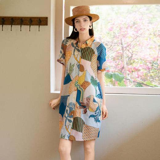 谜底花色连衣裙短袖2025夏季新款复古风原创印花中长裙256ML6250 商品图0