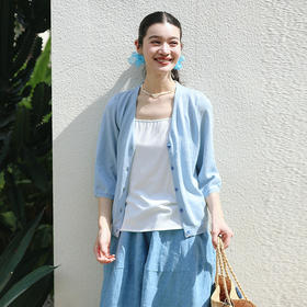 绽放旅行女装196朵/春夏麻纸纱V领七分袖休闲毛织开门襟短款开衫