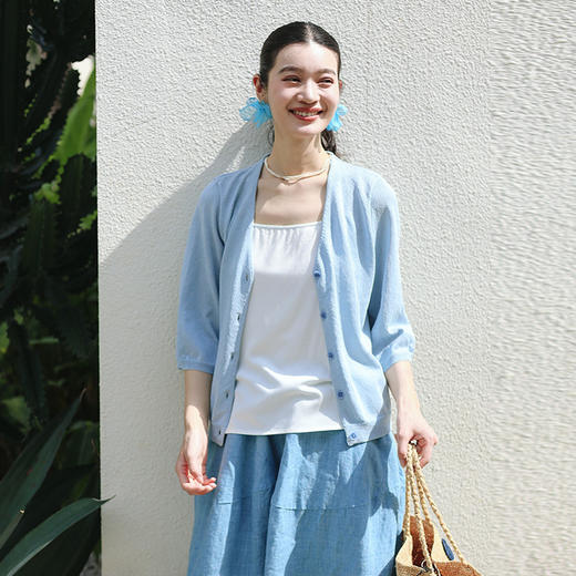 绽放旅行女装196朵/春夏麻纸纱V领七分袖休闲毛织开门襟短款开衫 商品图0