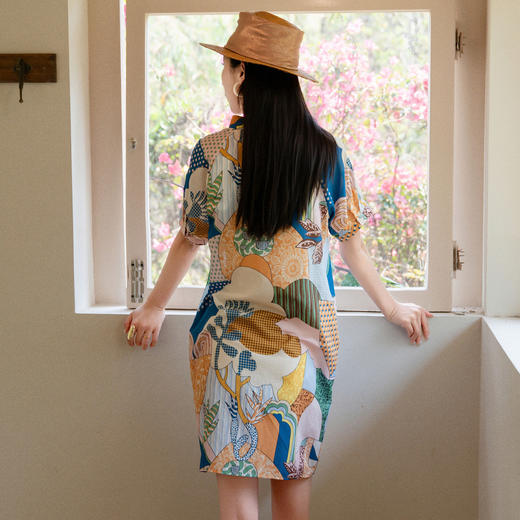 谜底花色连衣裙短袖2025夏季新款复古风原创印花中长裙256ML6250 商品图2