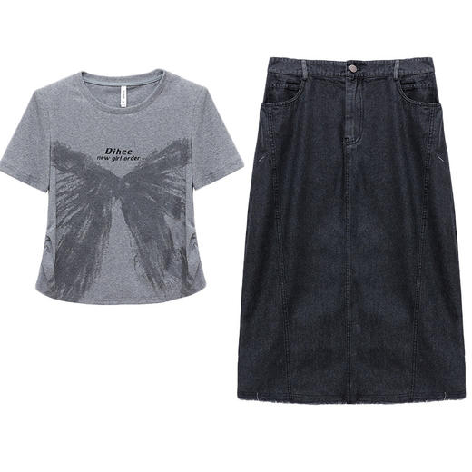 QYM 25AV38-Y两件套灰色短袖T恤衫+黑色高腰半身裙套装 商品图3