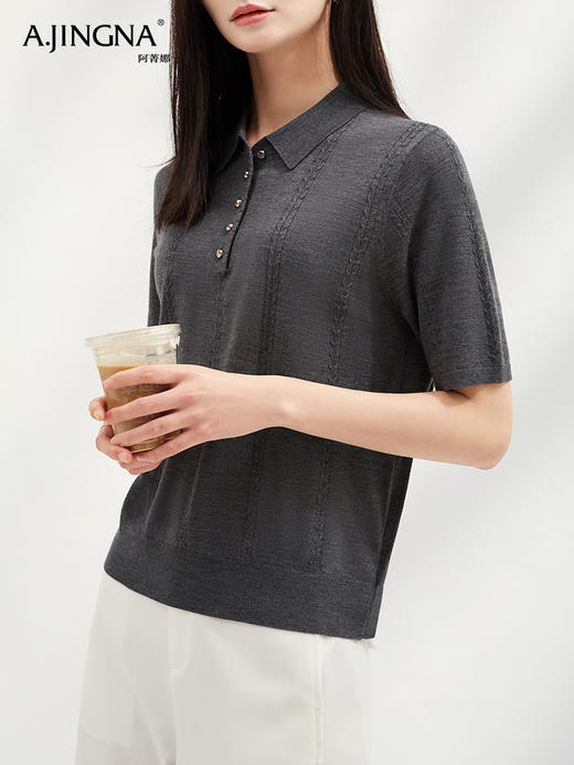 【干练飒美】阿菁娜POLO领绞花肌理短袖羊毛衫F30C301011 商品图2