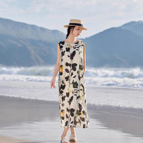 丁摩 海边度假亚麻印花长裙无袖连衣裙HS25849