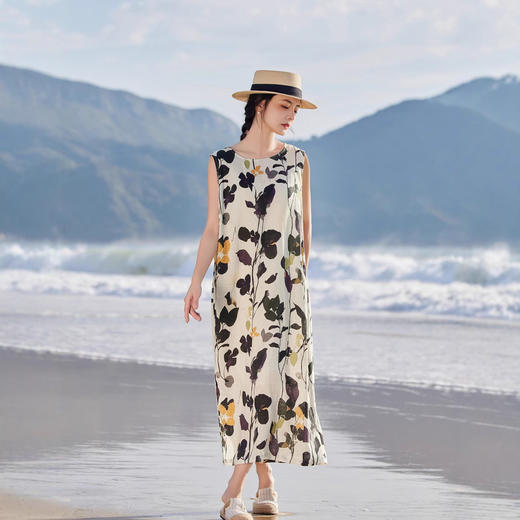 丁摩 海边度假亚麻印花长裙无袖连衣裙HS25849 商品图0