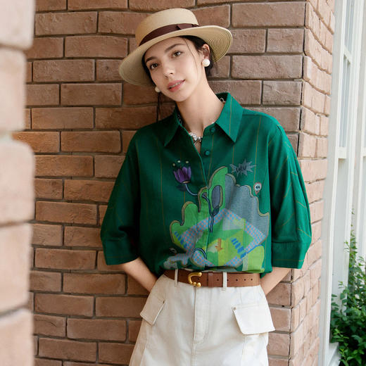 谜底大廓形印花衬衫分袖女2025夏季新款复古风条纹衬衣256MC6210 商品图0